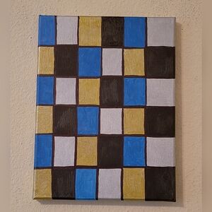 Metallic Checkered Acrylic Painting On Stretched Canvas Home Decor Wall Art 9x12